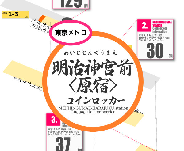 明治神宮前駅のコインロッカーを分かりやすく解説した構内図